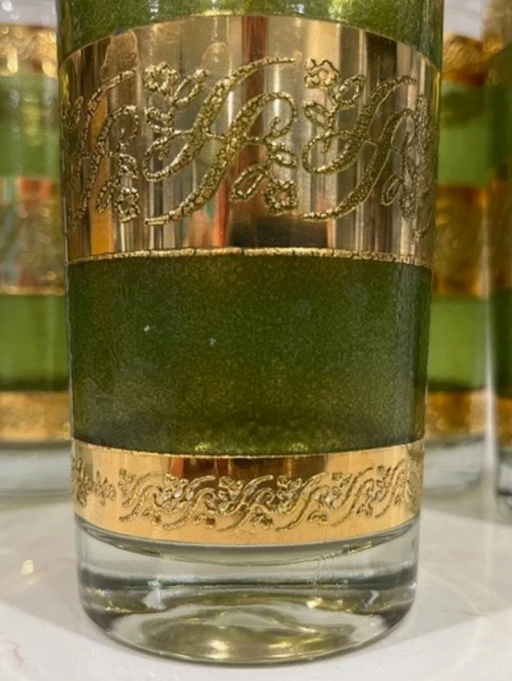 Vintage‎ MCM Starlyte Green & 22k Gold Scroll Highball Glasses - Set of 6 EUC